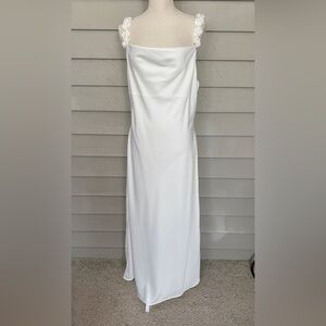 Elegant White Satin Spaghetti straps with florets long slip dress NWOT